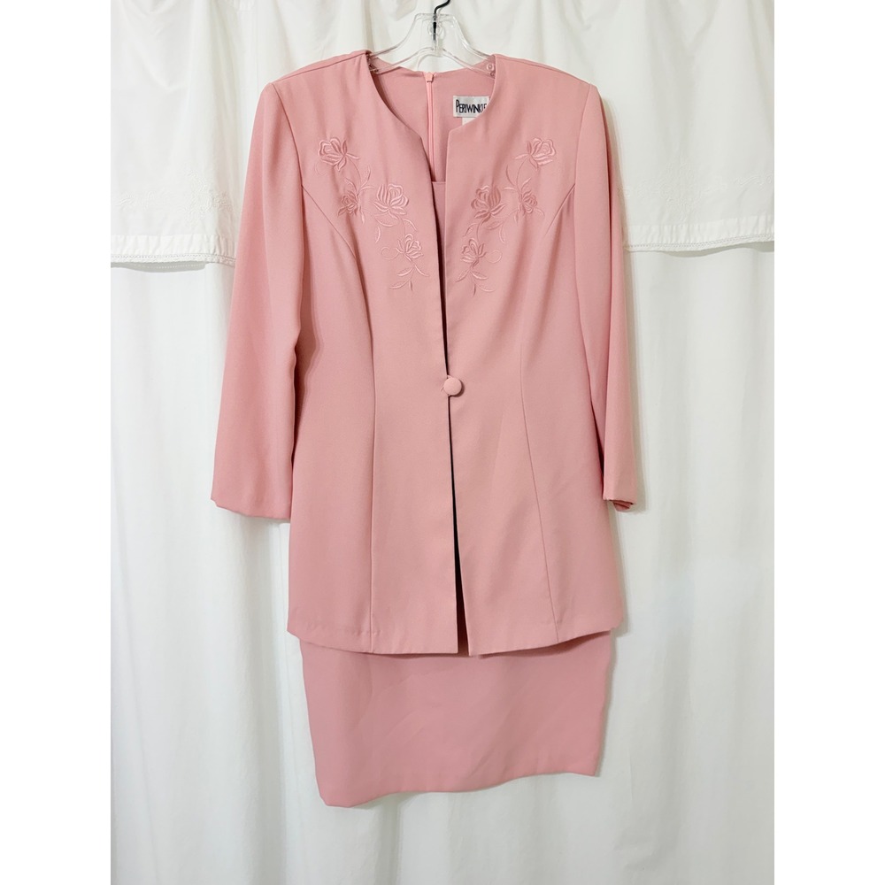 Periwinkle Vintage Pink Dress Floral Embroidered Faux Blazer Size 12 USA 1990's